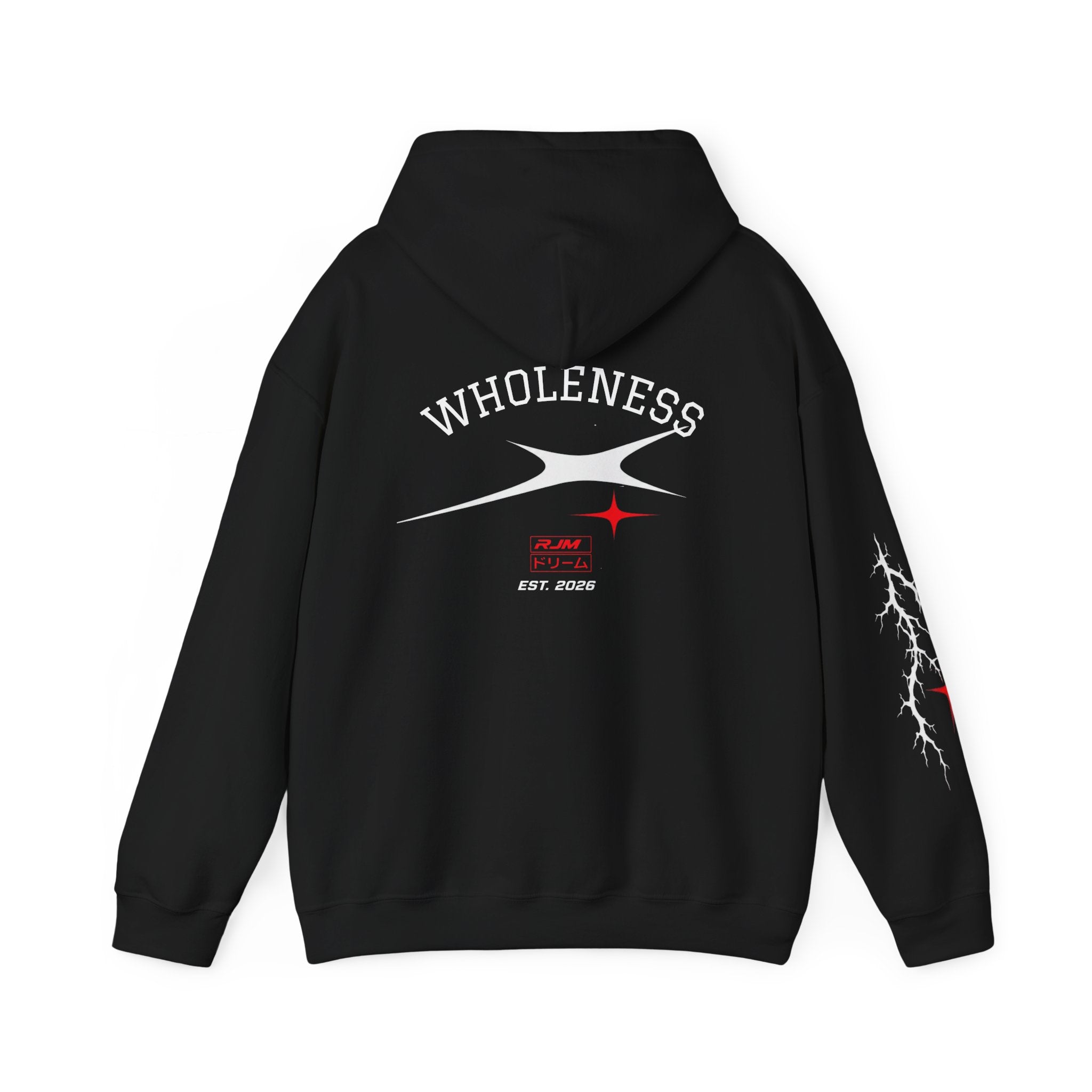 RJM Retro Orbit Hoodie — Minimalist Red Logo Streetwear