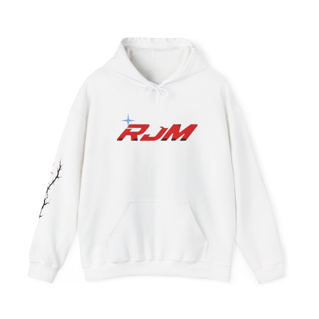 RJM Retro Orbit Hoodie — Minimalist Red Logo Streetwear