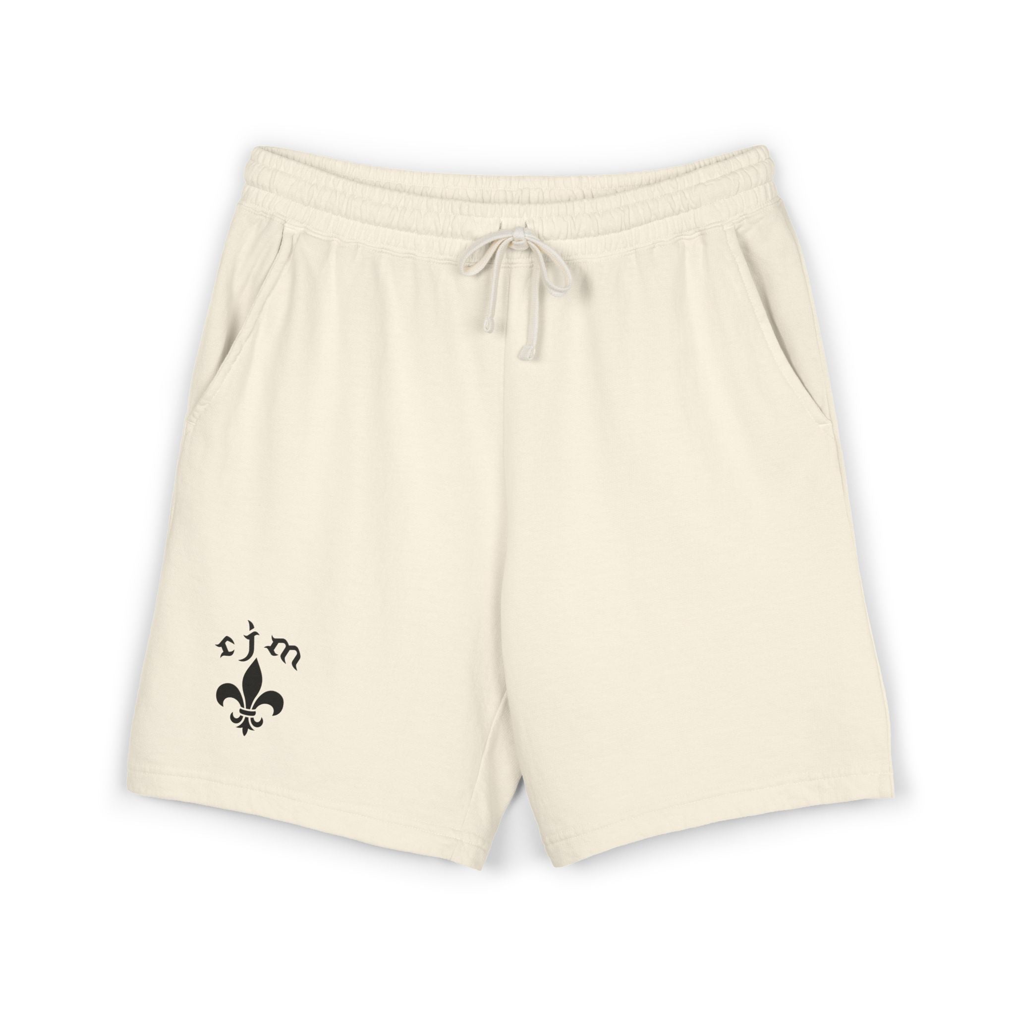 Fleur-de-Lis Cotton Fleece Sweat Shorts — Neutral Lounge Shorts with 'RJM' Accent