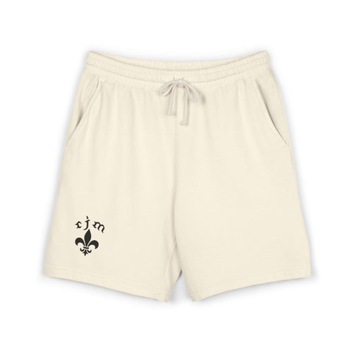 Fleur-de-Lis Cotton Fleece Sweat Shorts — Neutral Lounge Shorts with 'RJM' Accent