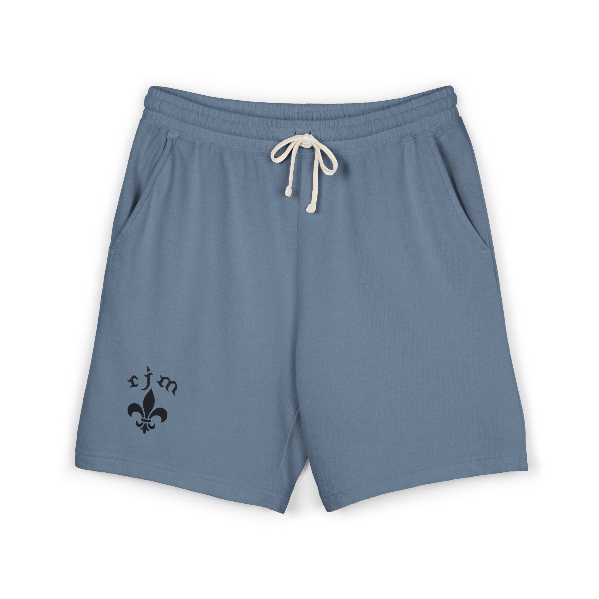 Fleur-de-Lis Cotton Fleece Sweat Shorts — Neutral Lounge Shorts with 'RJM' Accent