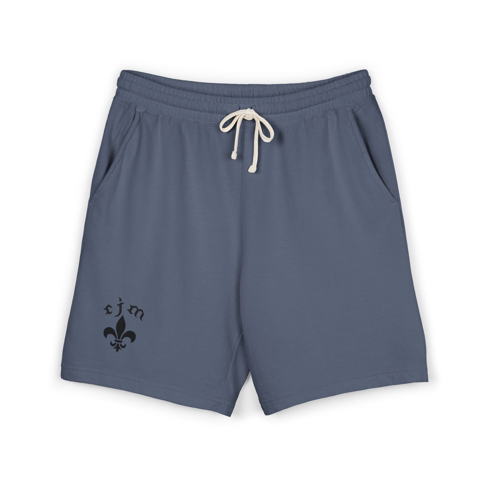 Fleur-de-Lis Cotton Fleece Sweat Shorts — Neutral Lounge Shorts with 'RJM' Accent
