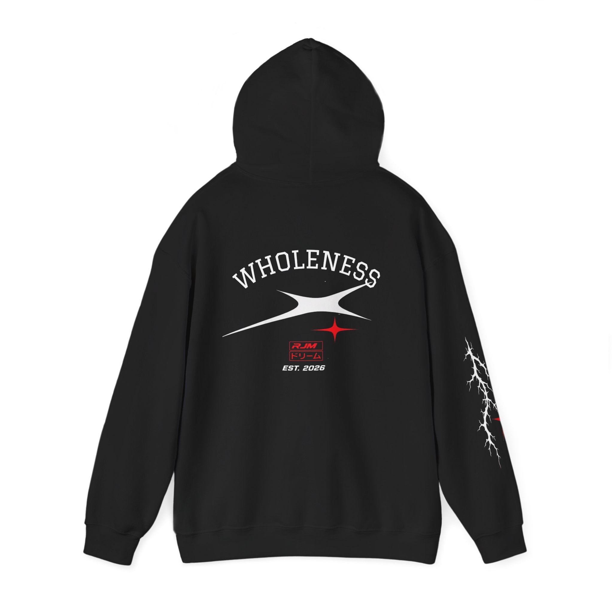 RJM Retro Orbit Hoodie — Minimalist Red Logo Streetwear